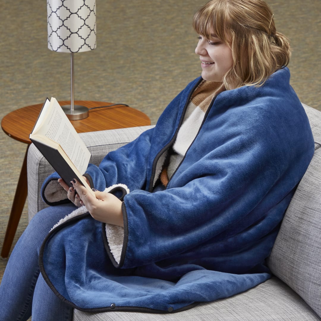 Oversized Wearable WFH Cozy Fleece Sherpa Blanket - 1081-56 Blue