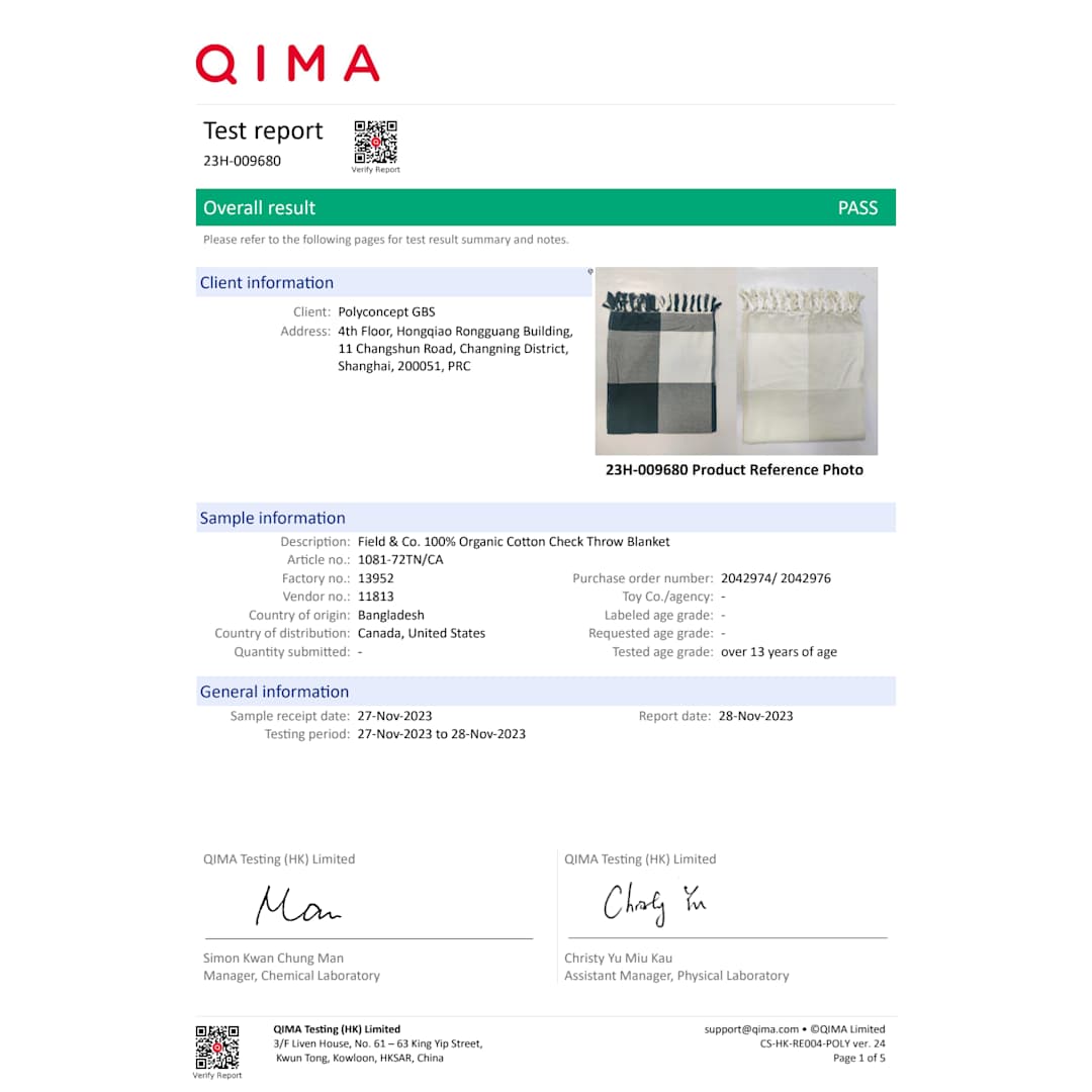 Field & Co. Field & Co. 100% Organic Cotton Check Throw Blanke - 1081-72 Blue