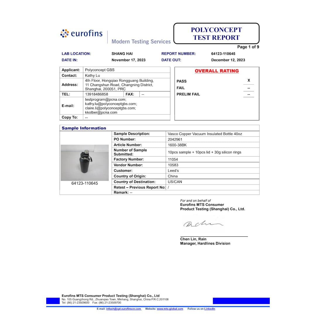 Vasco Copper Vacuum Insulated Bottle 40oz - 1600-38 Black