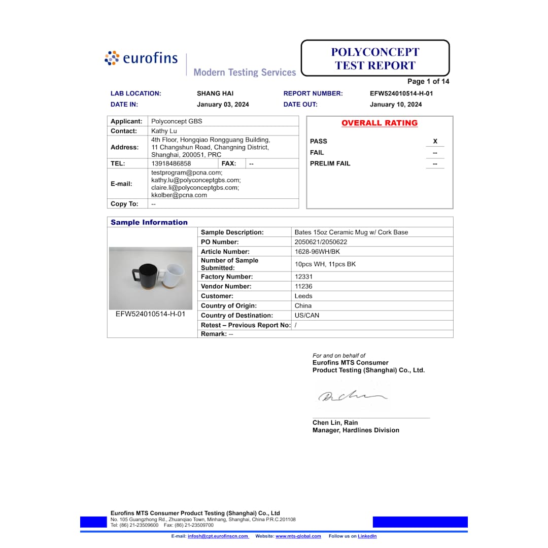 Bates 15oz Ceramic Mug w/ Cork Base - 1628-96 Black