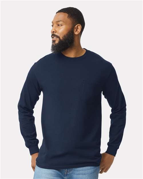 Gildan Unisex Ultra Cotton® Long Sleeve Pocket T-Shirt - 2410 Navy