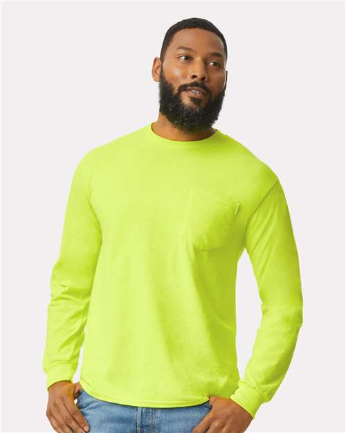 Gildan Unisex Ultra Cotton® Long Sleeve Pocket T-Shirt - 2410 Safety Green