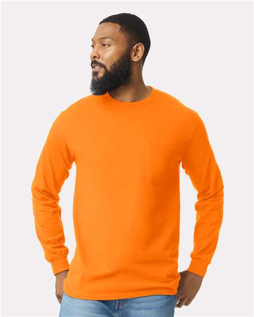 Gildan Unisex Ultra Cotton® Long Sleeve Pocket T-Shirt - 2410 Safety Orange