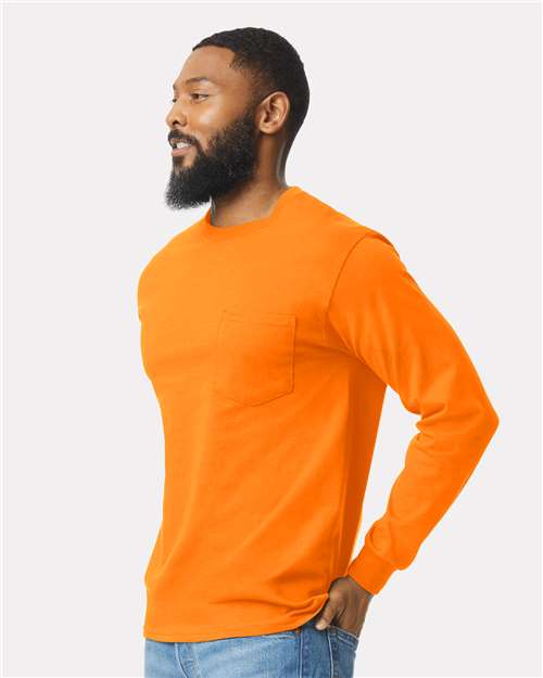 Gildan Unisex Ultra Cotton® Long Sleeve Pocket T-Shirt - 2410 Safety Orange