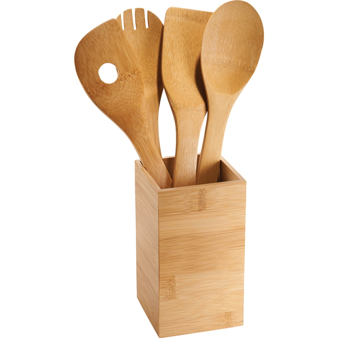 Bamboo 4-piece Kitchen Tool Set and Canister - 1401-09 Natural