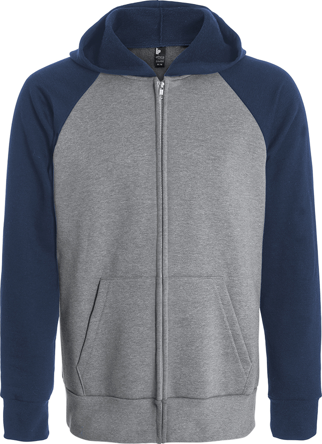 Attraction® 100558U - Unisex hooded full zip and raglan sleeve sweatshirt HEATHER GREY - NAVY