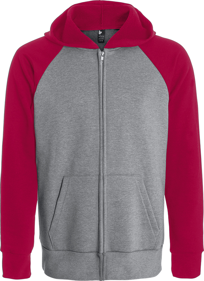 Attraction® 100558U - Unisex hooded full zip and raglan sleeve sweatshirt HEATHER GREY - RED ETHICA