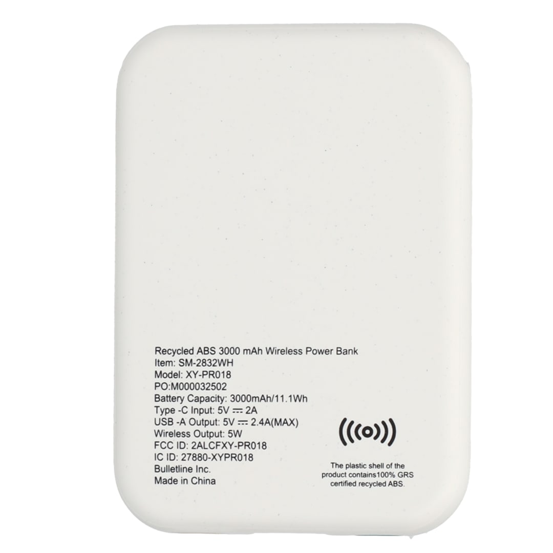 Recycled ABS 3000 mAh Wireless Power Bank - SM-2832 White