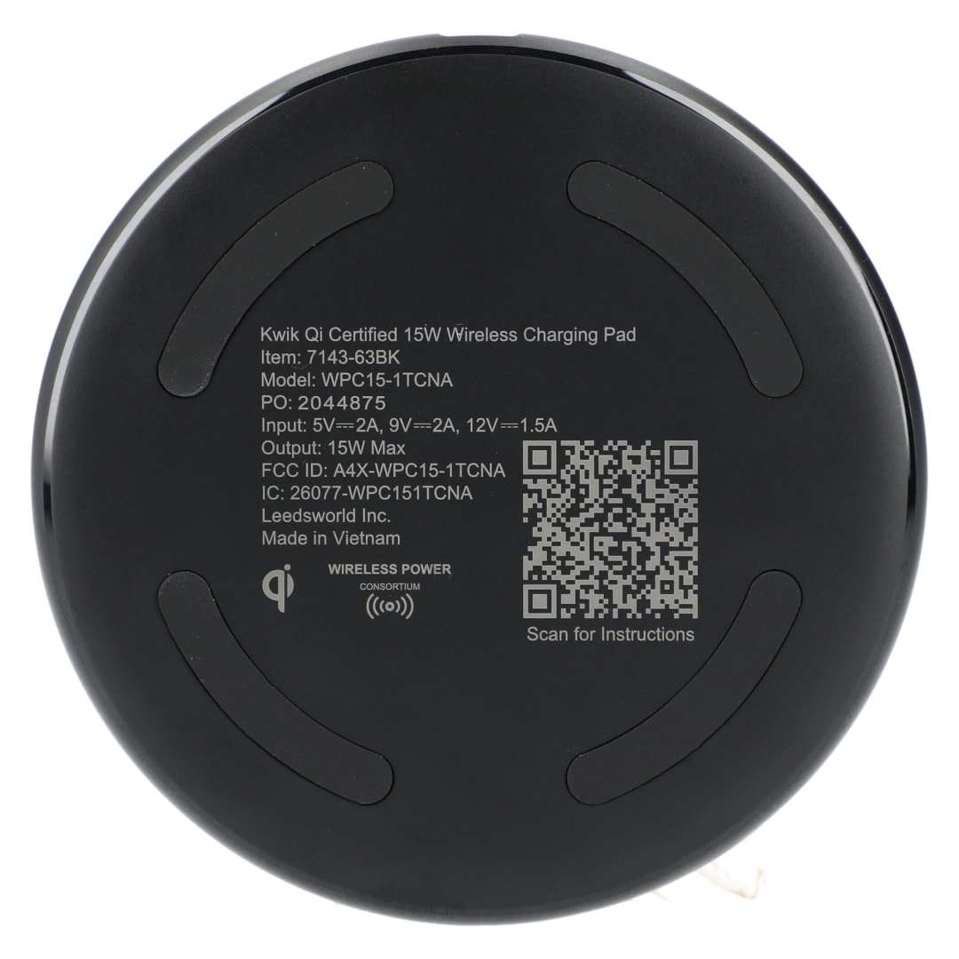 Kwik Qi Certified 15W Wireless Charging Pad - 7143-63 Black