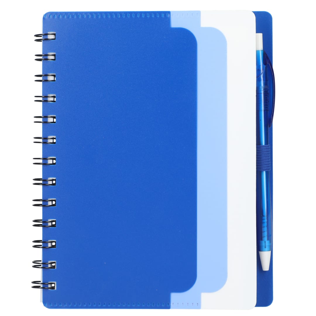 5&quot; x 7&quot; Recycled Dual Pocket Spiral Notebook w Pen - SM-5291 Blue