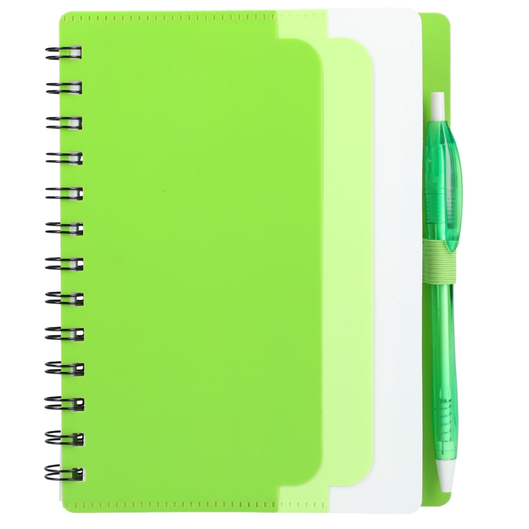 5&quot; x 7&quot; Recycled Dual Pocket Spiral Notebook w Pen - SM-5291 Green