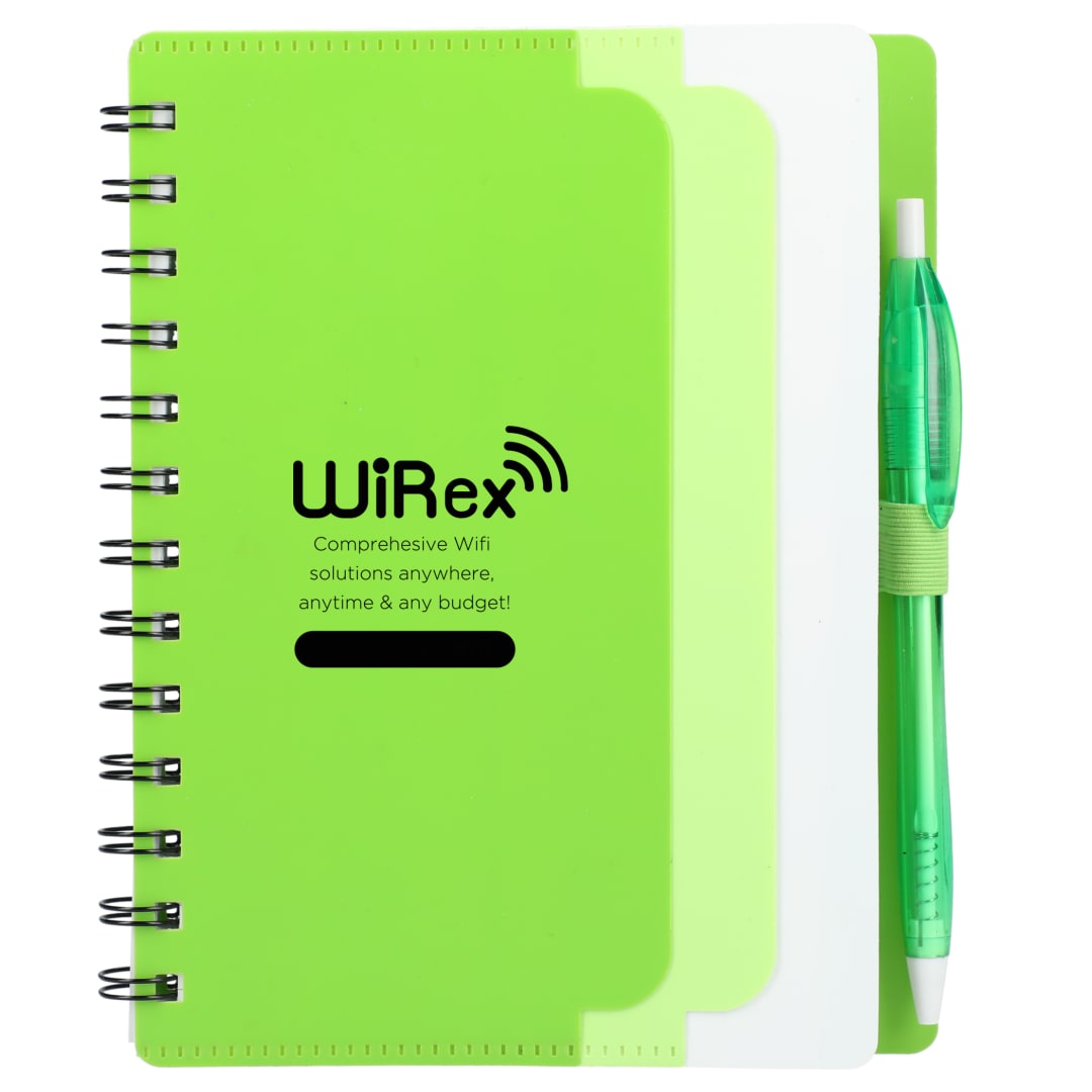 5&quot; x 7&quot; Recycled Dual Pocket Spiral Notebook w Pen - SM-5291 Green
