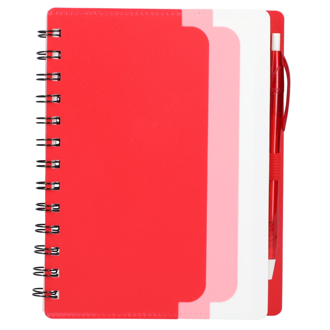 5&quot; x 7&quot; Recycled Dual Pocket Spiral Notebook w Pen - SM-5291 Red