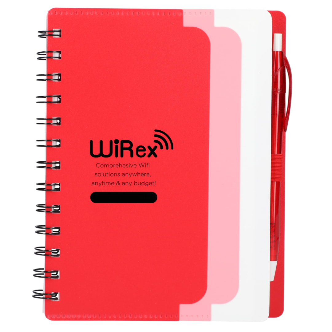 5&quot; x 7&quot; Recycled Dual Pocket Spiral Notebook w Pen - SM-5291 Red