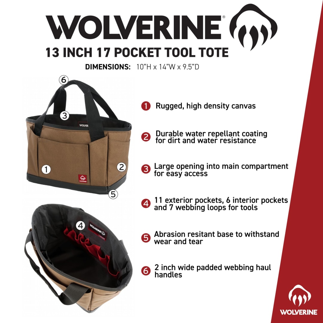 Wolverine Wolverine 13&quot; 17-Pocket Tool Tote - 1883-09 Brown