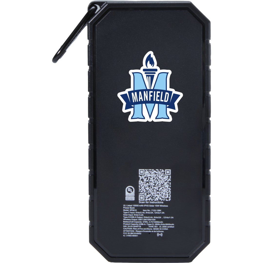 UL Listed 10000 IPX5 Solar 15W Wireless Power Ban - 7122-12 Black