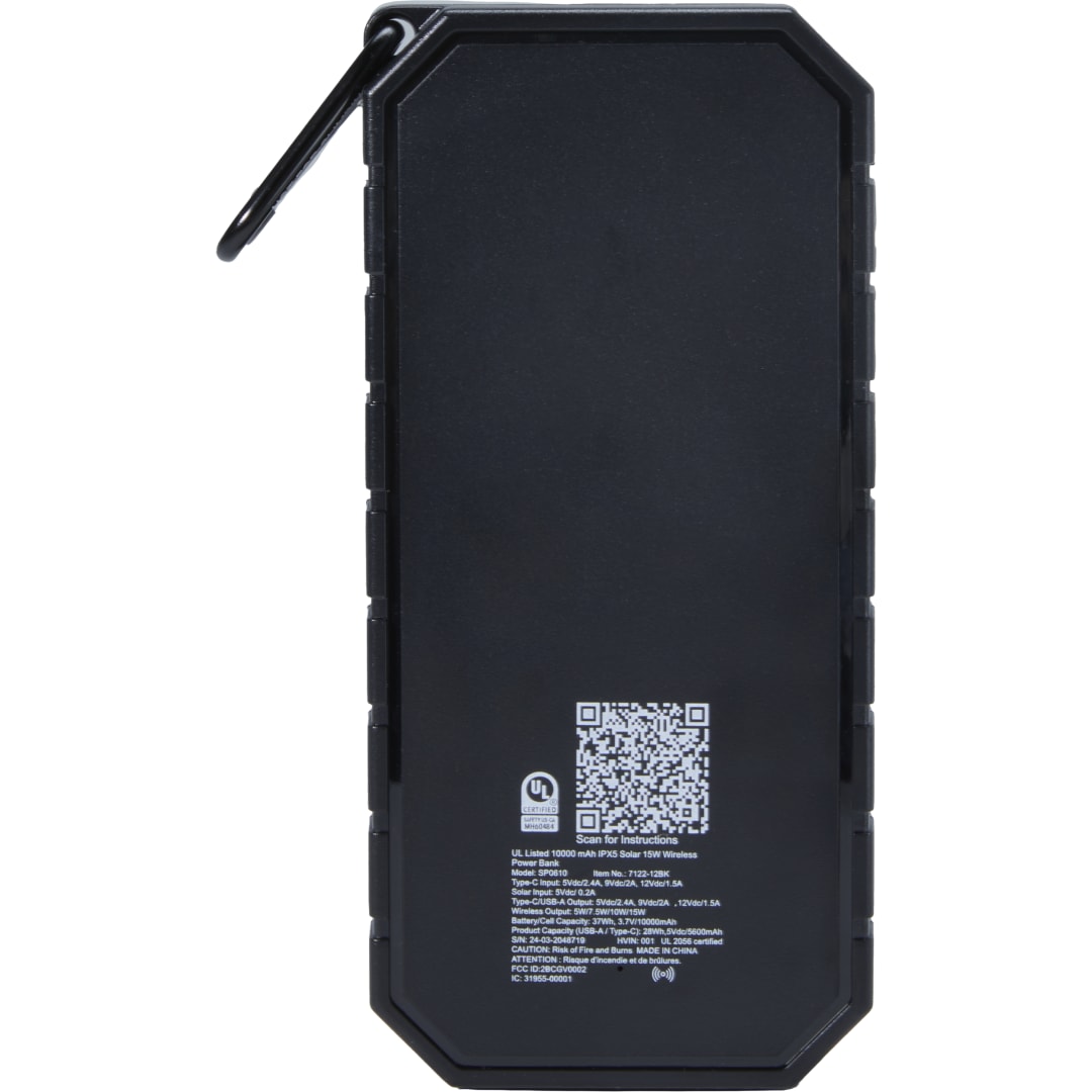  UL Listed 10000 IPX5 Solar 15W Wireless Power Ban - 7122-12