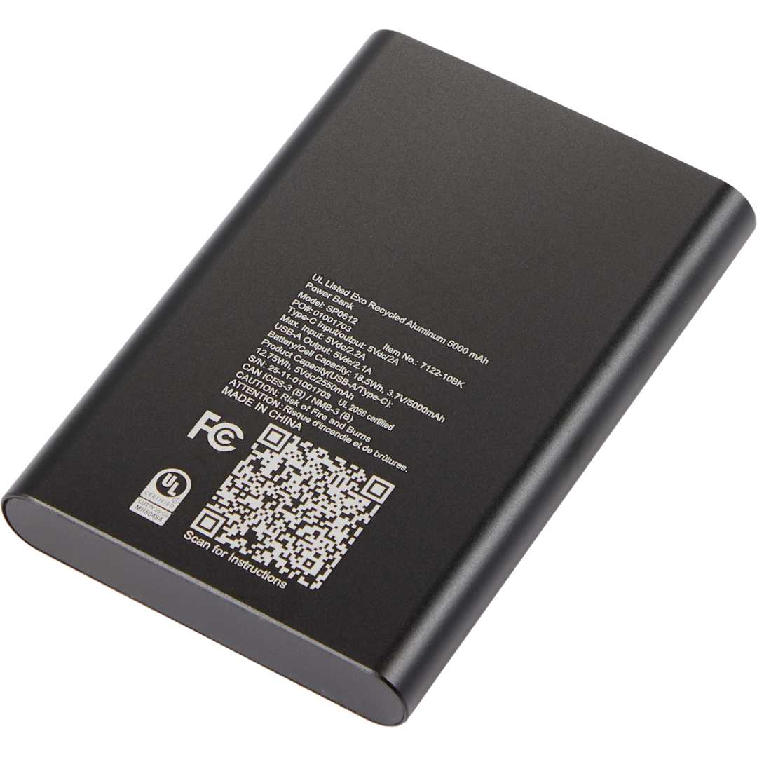 UL Listed Exo Recycled Aluminum 5000 mAh Power Ban - 7122-10 Black