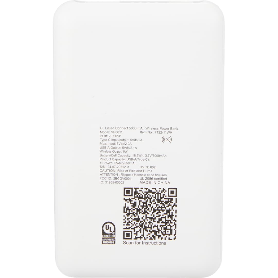 UL Listed Connect 5000 mAh Wireless Power Bank - 7122-11 White