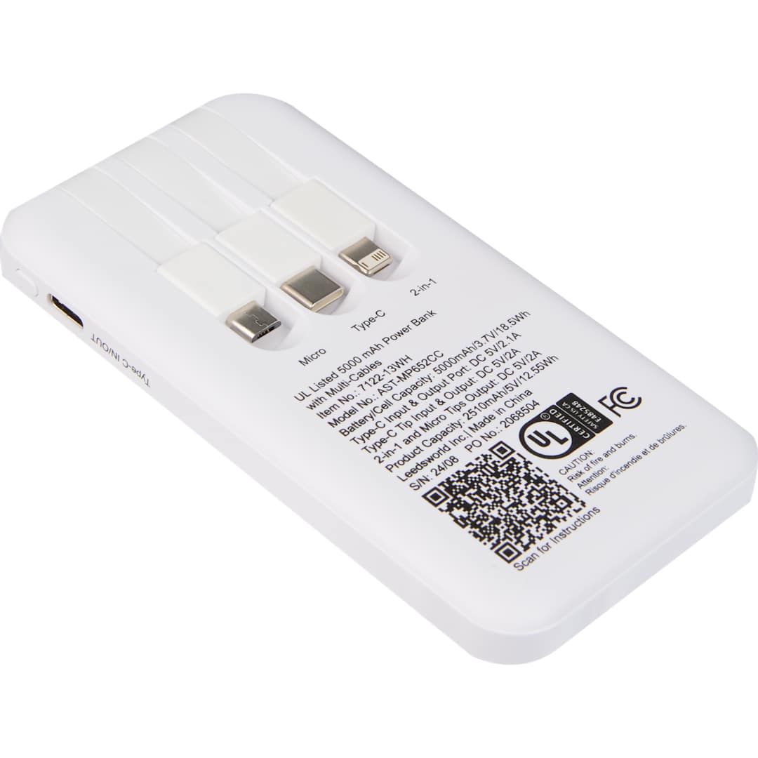 UL Listed 5,000 mAh Power Bank with Multi-Cables - 7122-13 White