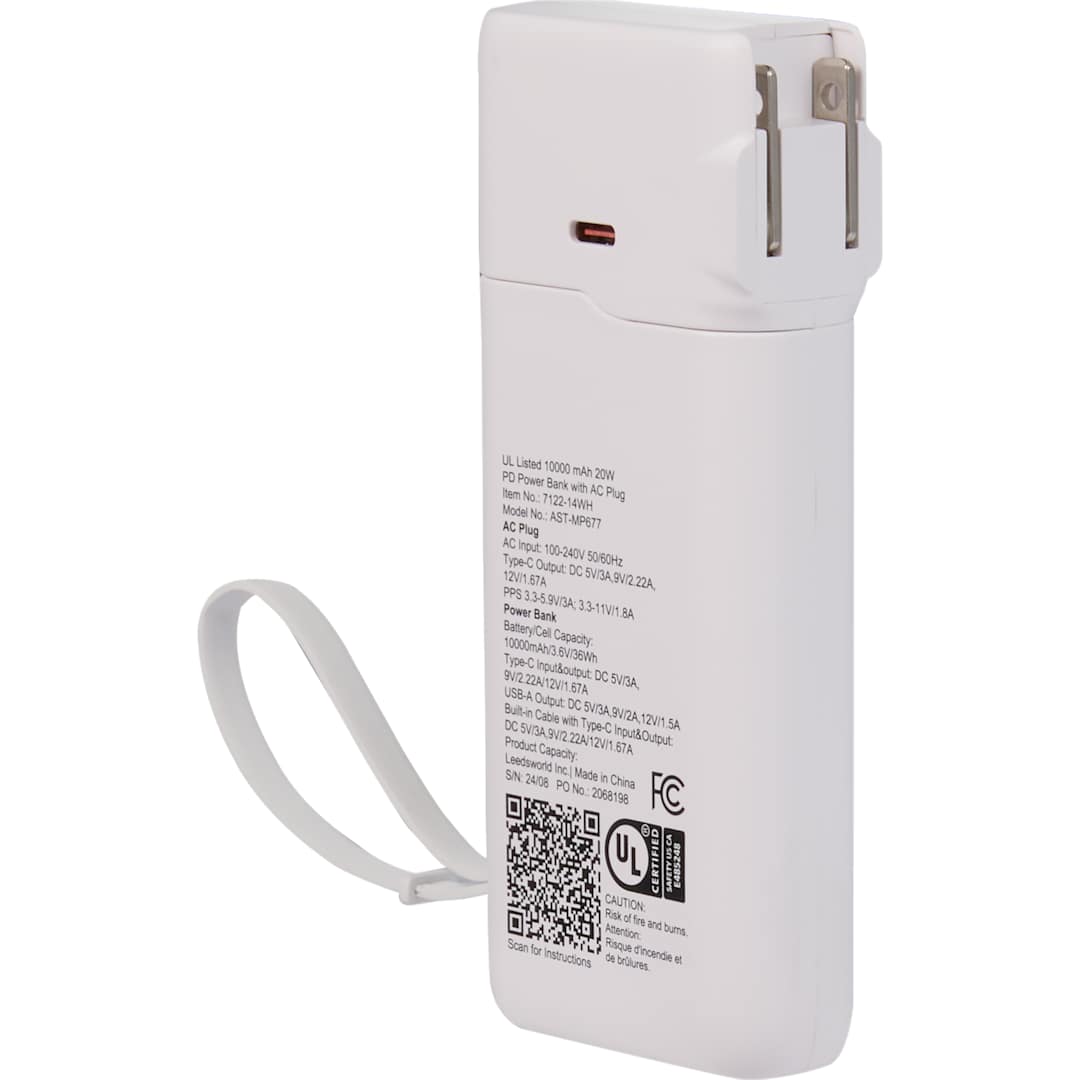 UL Listed 10,000 mAh 20W PD Power Bank with AC Plu - 7122-14 White
