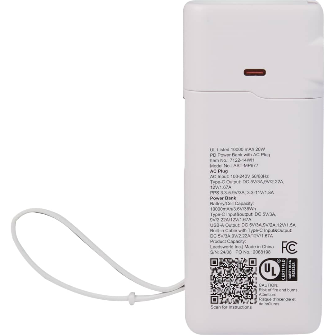 UL Listed 10,000 mAh 20W PD Power Bank with AC Plu - 7122-14 White