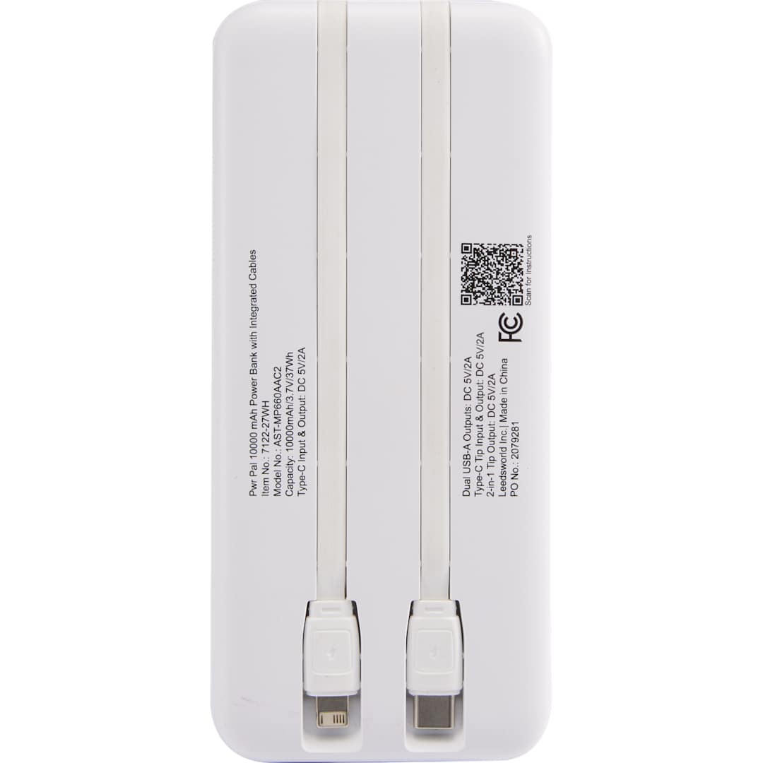 Pwr Pal 10000 mAh Power Bank with Integrated Cable - 7122-27 White