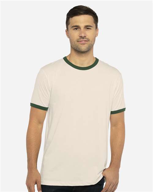 Next Level Unisex Cotton Ringer T-Shirt - 3604 - 3604N Natural- Forest Green