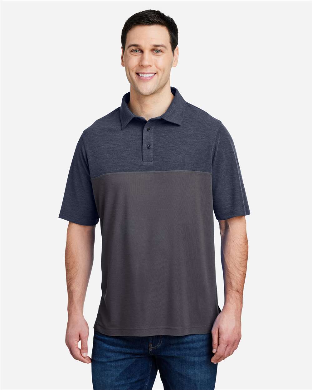 Core365 Men's Fusion ChromaSoft™ Colorblock Polo - CE112C Carbon- Classic Navy Heather