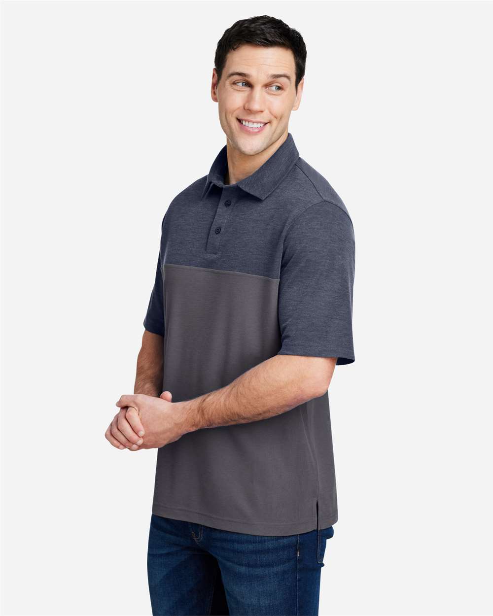 Core365 Men's Fusion ChromaSoft™ Colorblock Polo - CE112C Carbon- Classic Navy Heather