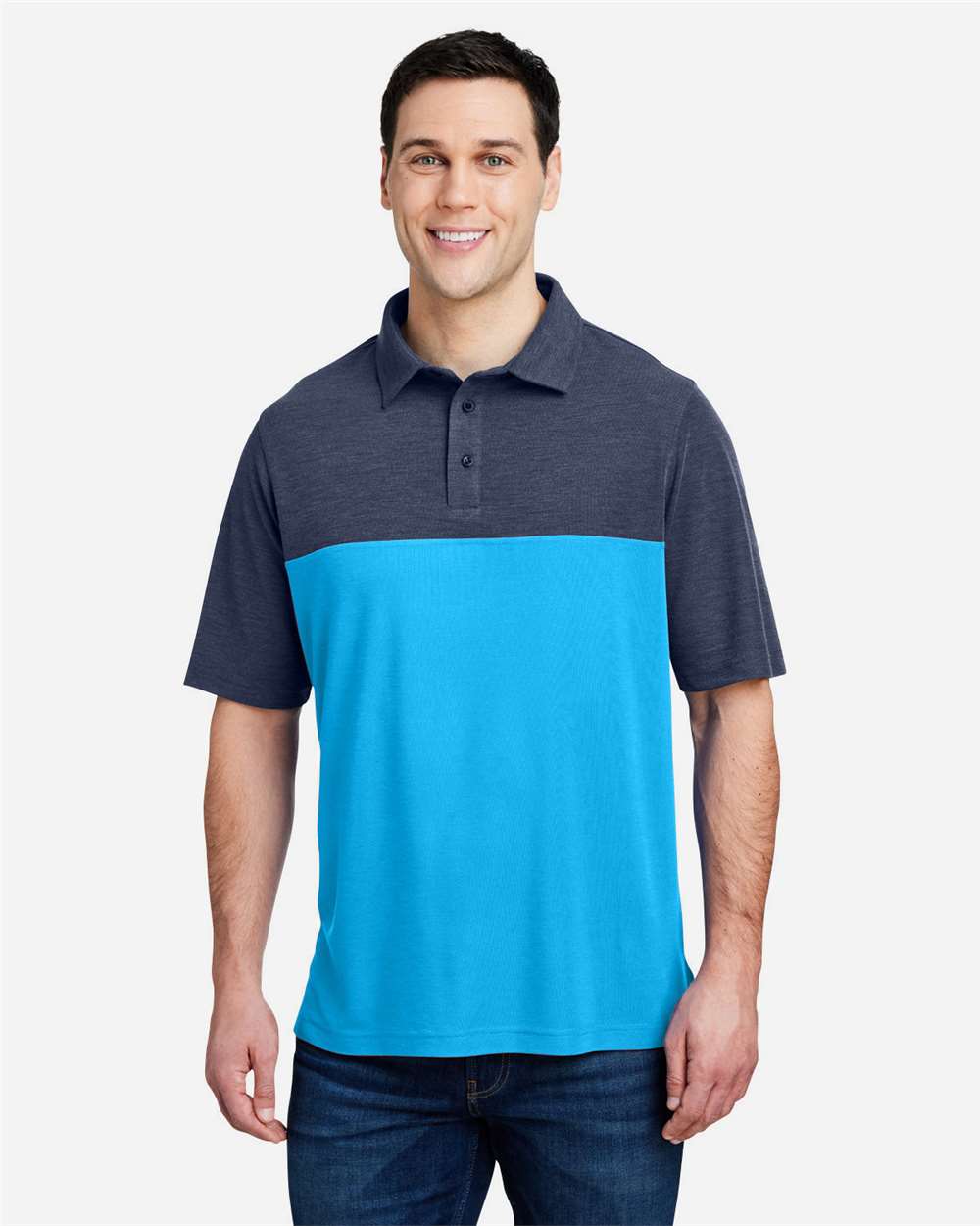 Core365 Men's Fusion ChromaSoft™ Colorblock Polo - CE112C Electric Blue- Classic Navy Heather