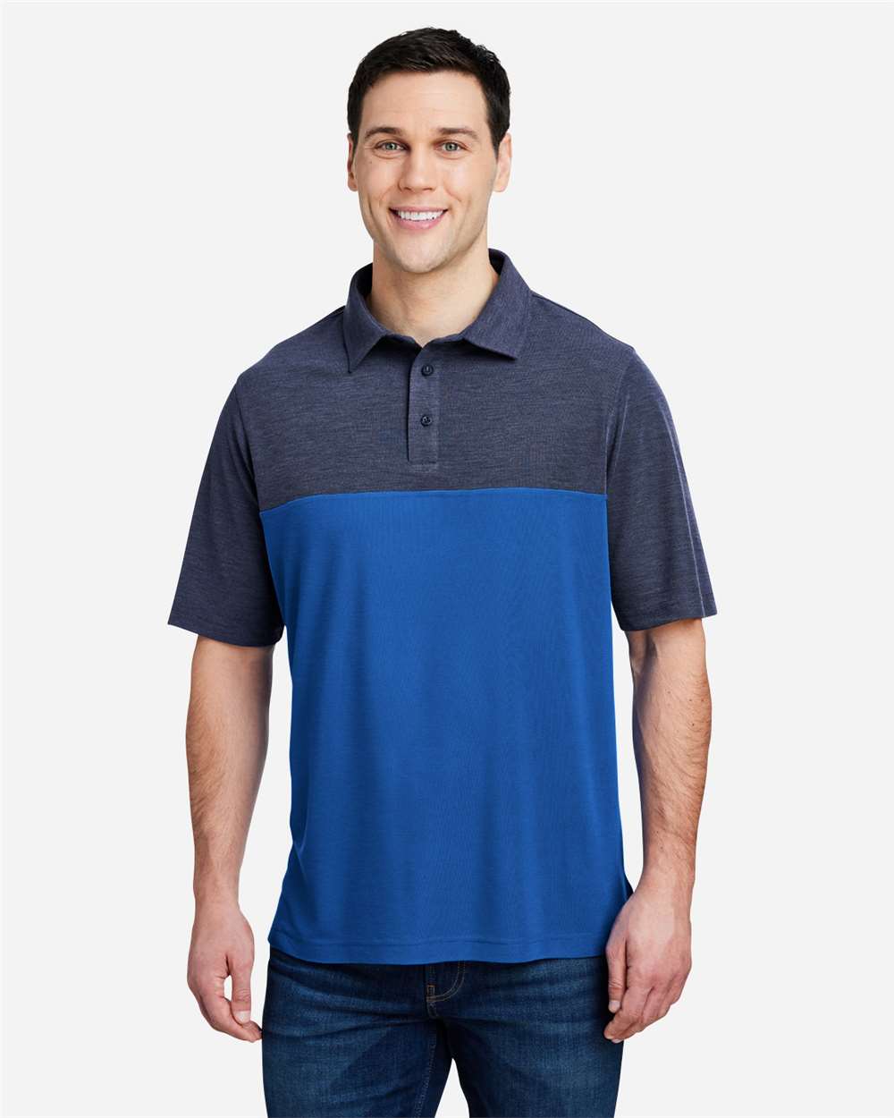 Core365 Men's Fusion ChromaSoft™ Colorblock Polo - CE112C True Royal- Classic Navy Heather