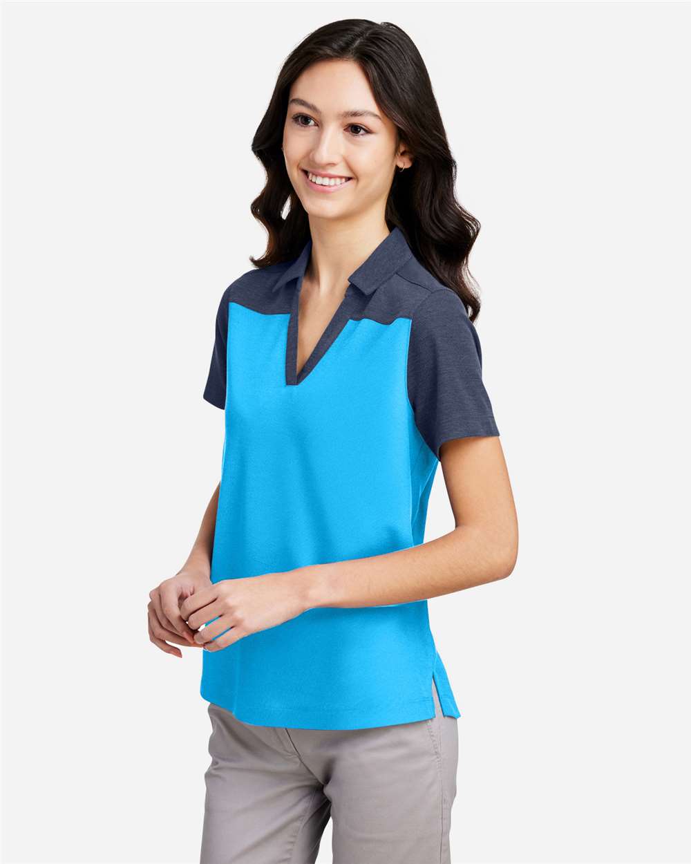 Core365 Women's Fusion ChromaSoft™ Colorblock Polo - CE112CW Electric Blue- Classic Navy Heather