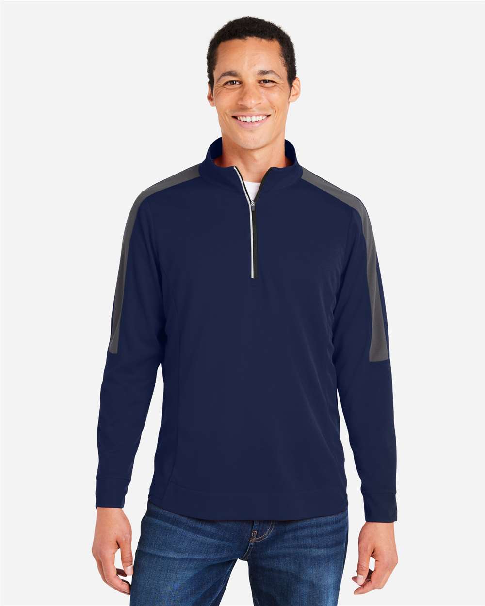 Core365 Men's Market Snag Protect Mesh Colorblock Quarter-Zip Pullover - CE404 Classic Navy Heather- Carbon