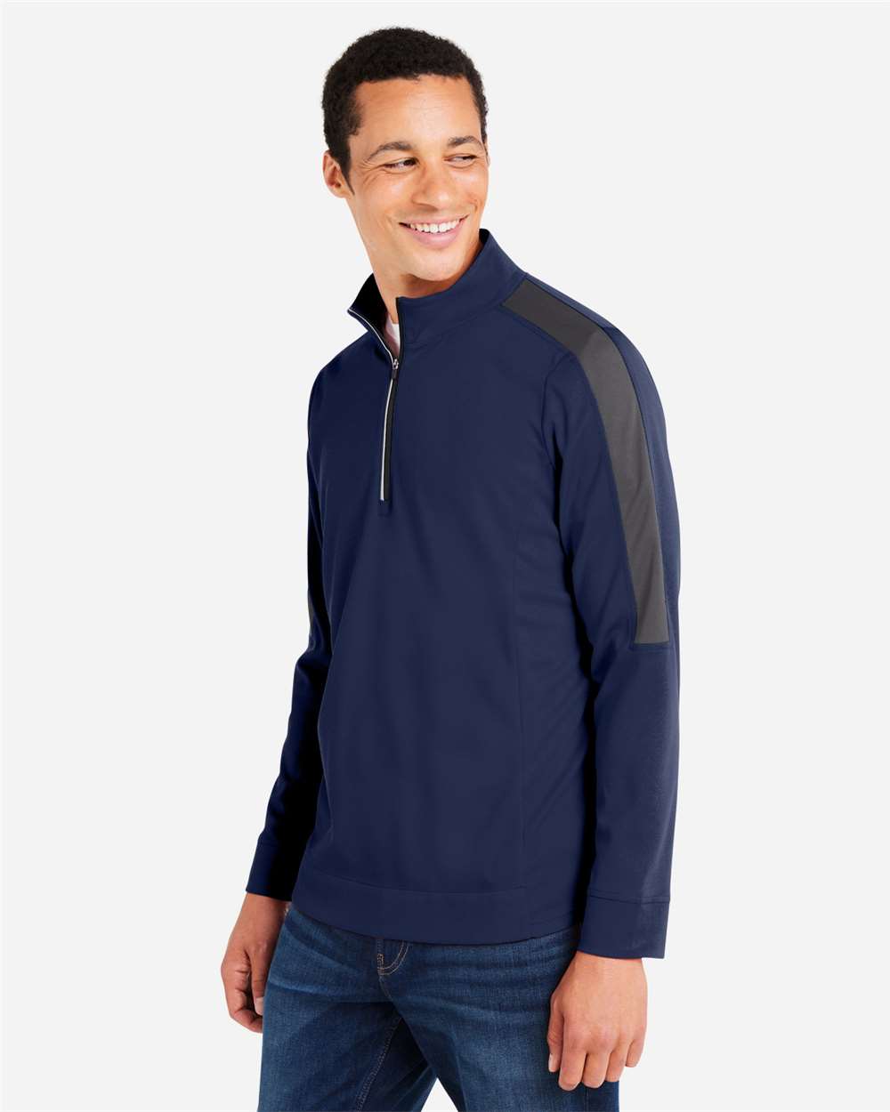 Core365 Men's Market Snag Protect Mesh Colorblock Quarter-Zip Pullover - CE404 Classic Navy Heather- Carbon