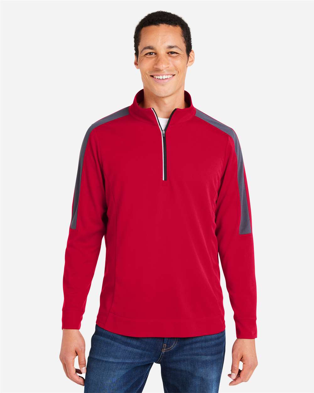 Core365 Men's Market Snag Protect Mesh Colorblock Quarter-Zip Pullover - CE404 Classic Red- Carbon