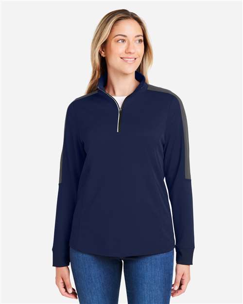 Core365 Women's Market Snag Protect Mesh Colorblock Quarter-Zip Pullover - CE404W Classic Navy Heather- Carbon