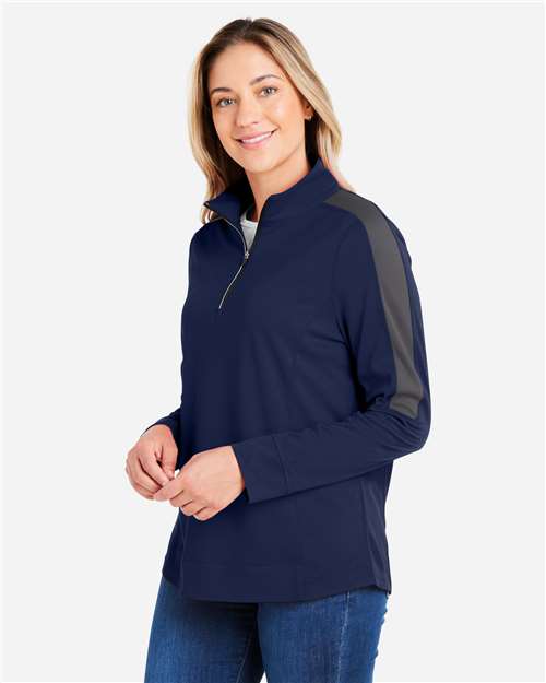 Core365 Women's Market Snag Protect Mesh Colorblock Quarter-Zip Pullover - CE404W Classic Navy Heather- Carbon