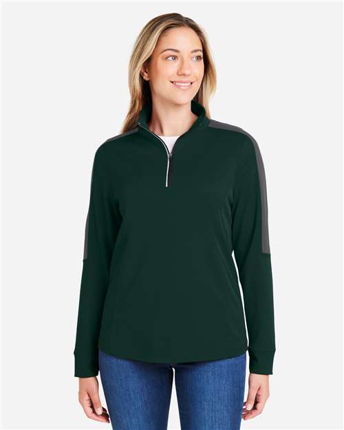 Core365 Women's Market Snag Protect Mesh Colorblock Quarter-Zip Pullover - CE404W Forest- Carbon