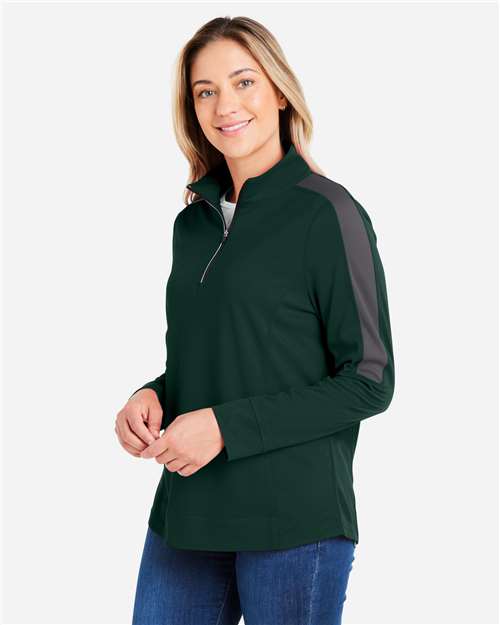 Core365 Women's Market Snag Protect Mesh Colorblock Quarter-Zip Pullover - CE404W Forest- Carbon