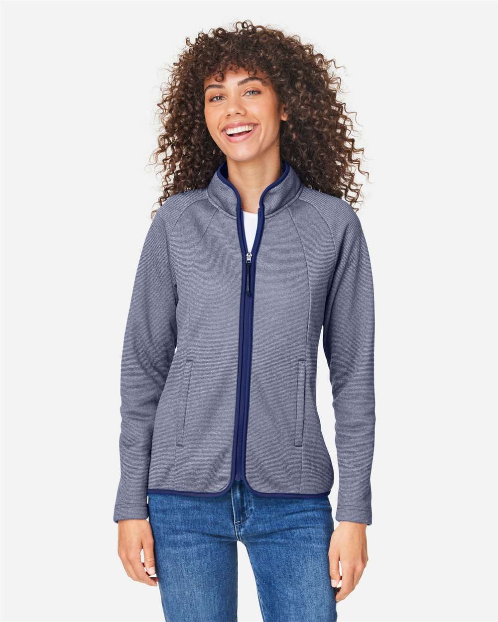 Core365 Women's Venture Heathered Stripe Full-Zip Jacket - CE72W Classic Navy- White