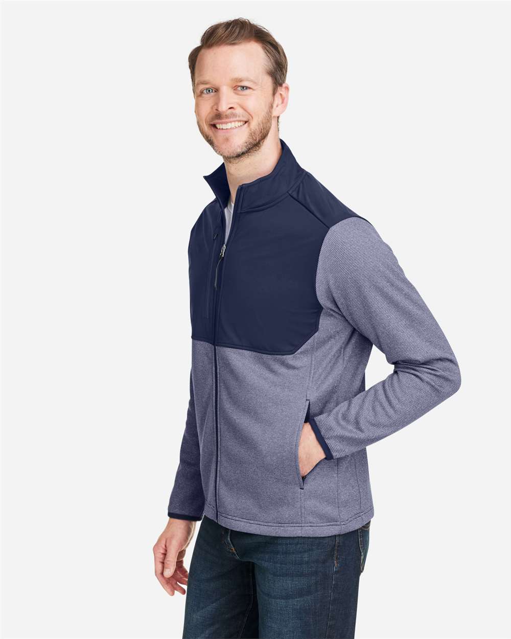 Core365 Men's Venture Heathered Stripe Hybrid Jacket - CE74 Classic Navy- White