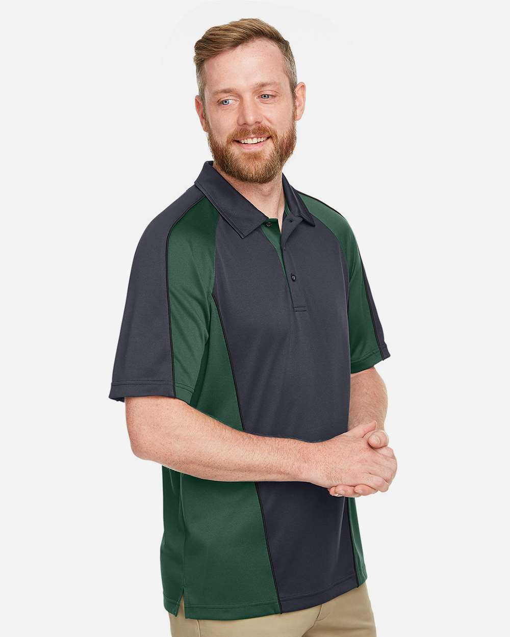 Harriton Men's Advantage Snag Protection Plus IL Colorblock Polo - M385 Dark Charcoal- Dark Green- Black