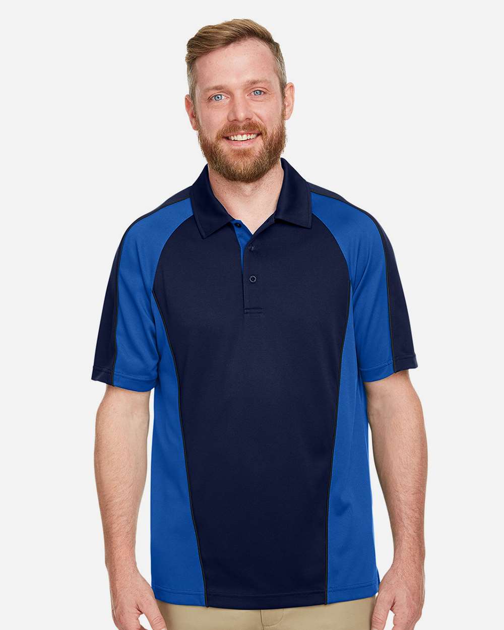 Harriton Men's Advantage Snag Protection Plus IL Colorblock Polo - M385 Dark Navy- True Royal- Dark Charcoal