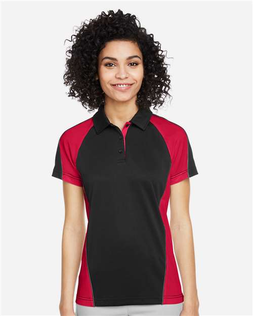 Harriton Women's Advantage Snag Protection Plus IL Colorblock Polo - M385W Black- Red- Dark Charcoal