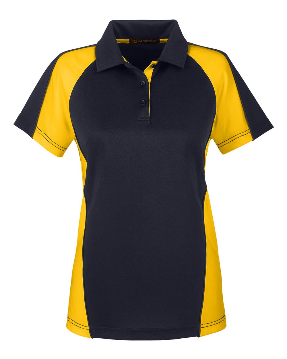 Harriton Women's Advantage Snag Protection Plus IL Colorblock Polo - M385W Black- Sunray Yellow- Dark Charcoal