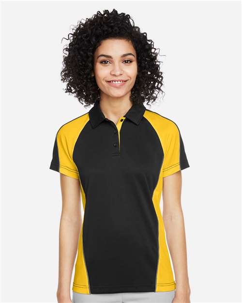 Harriton Women's Advantage Snag Protection Plus IL Colorblock Polo - M385W Black- Sunray Yellow- Dark Charcoal