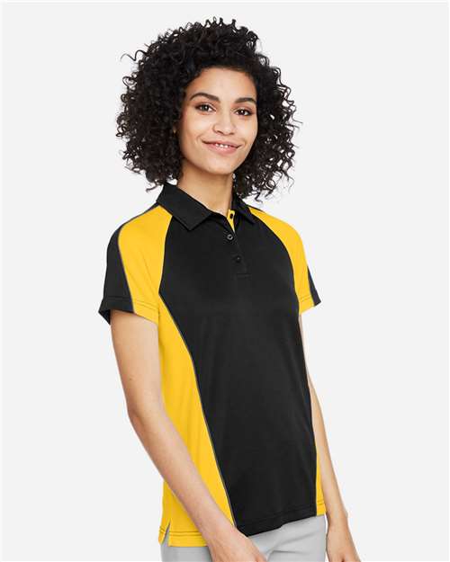 Harriton Women's Advantage Snag Protection Plus IL Colorblock Polo - M385W Black- Sunray Yellow- Dark Charcoal