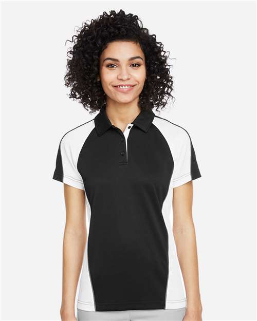 Harriton Women's Advantage Snag Protection Plus IL Colorblock Polo - M385W Black- White- Dark Charcoal