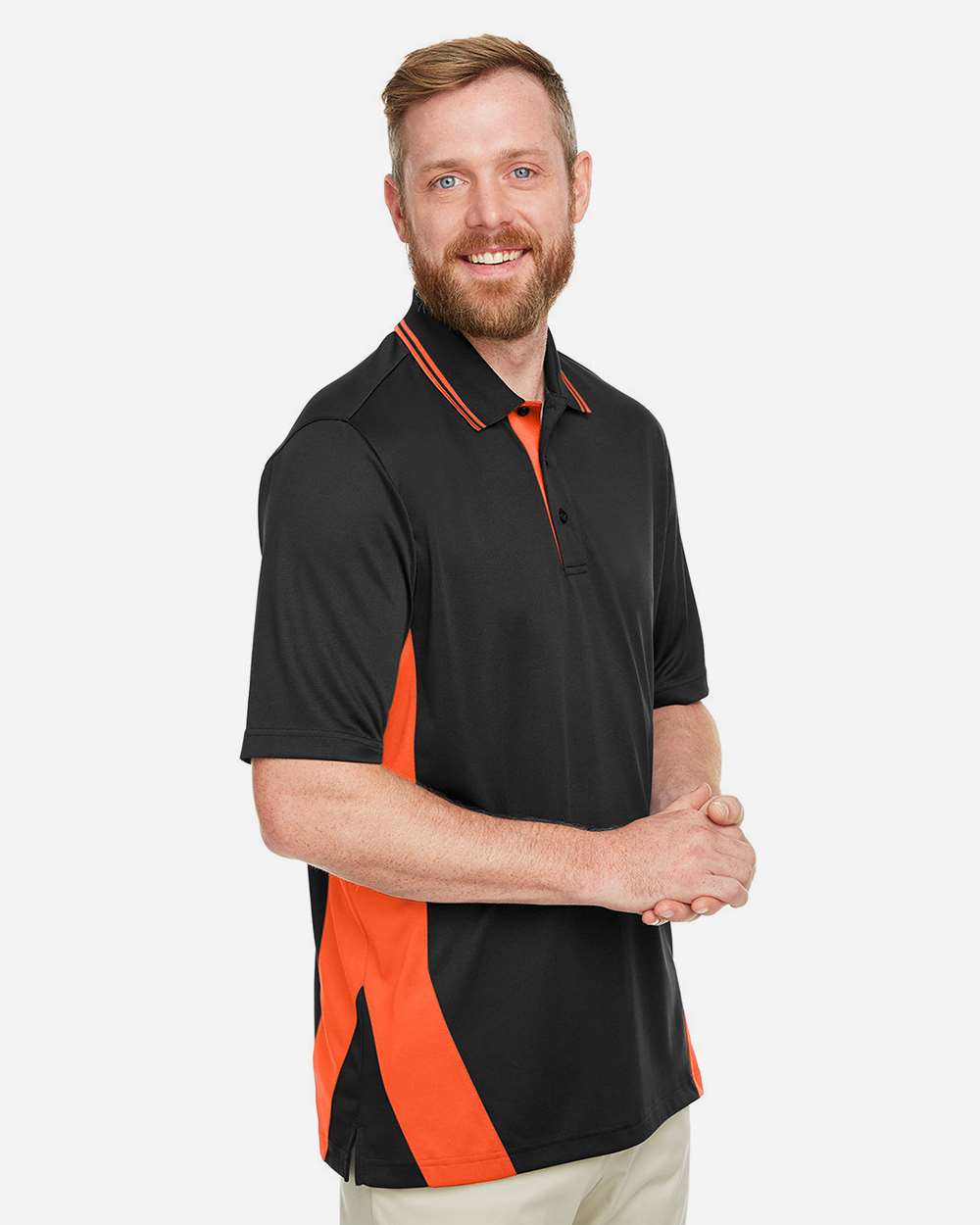 Harriton Men's Flash Snag Protection Plus IL Colorblock Polo - M386 Black- Team Orange